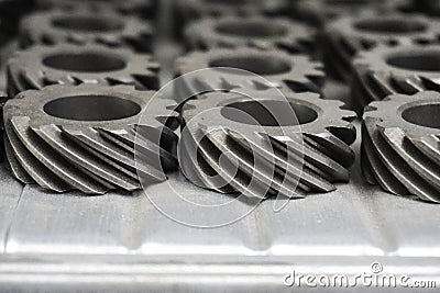 Mechanical gears in metal in store house Stock Photo