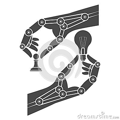 Mechanical hand holds objects, a symbol of the concept of technological development. Vector Illustration