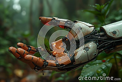 Mechanical hand in a lush green forest Stock Photo