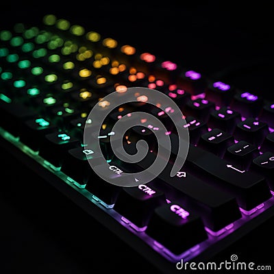 Mechanical keyboard with RGB backlighting, displaying a gradient of colors Stock Photo
