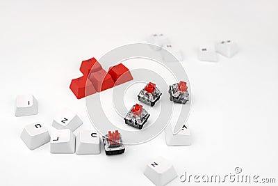 Mechanical keyboard switch on a white background. WASD keyboard buttons. Concept of computer games, gaming and esports Stock Photo