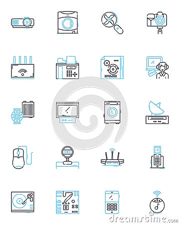 Mechanical machinery linear icons set. Gears, Pistons, Motors, Engines, Bearings, Driveshaft, Hydraulics line vector and Vector Illustration