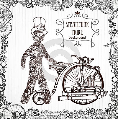 A mechanical man in a cylinder. Victorian era, steampunk style. Template steampunk design for card. Frame steampunk Vector Illustration