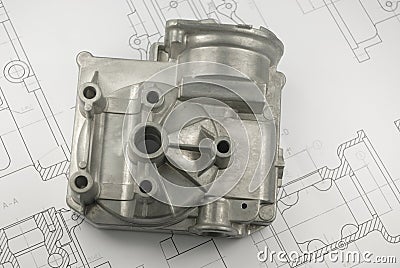 Mechanical part on engineering drawing Stock Photo