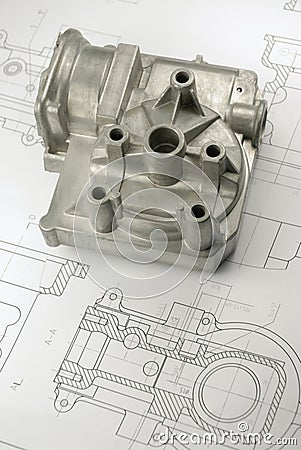 Mechanical part on engineering drawing Stock Photo