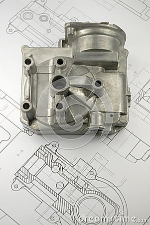 Mechanical part on engineering drawing Stock Photo