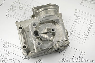 Mechanical part on engineering drawing Stock Photo