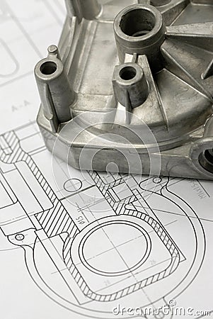 Mechanical part on engineering drawing Stock Photo