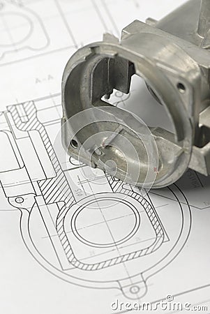 Mechanical part on engineering drawing Stock Photo