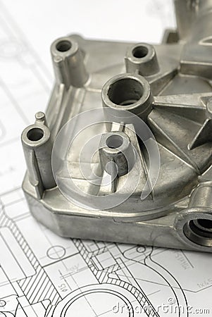 Mechanical part on engineering drawing Stock Photo