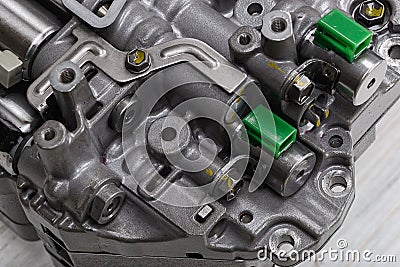 Mechanical part with metal components and hydraulic valves Stock Photo