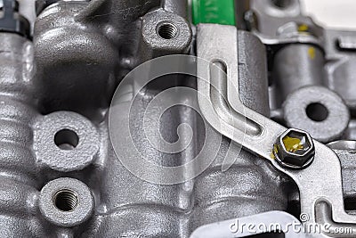 Mechanical part with metal components and hydraulic valves Stock Photo