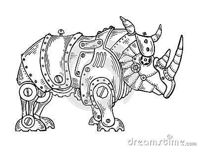 Mechanical rhinoceros animal engraving vector Vector Illustration