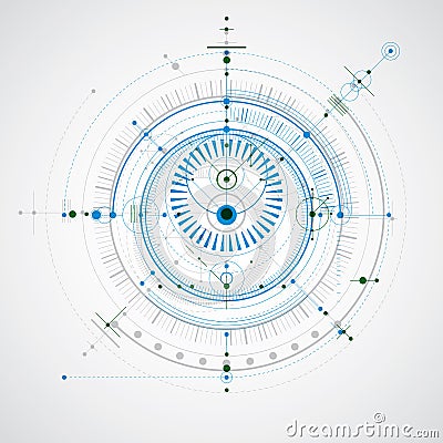 Mechanical scheme, blue and green vector engineering drawing with circles and geometric parts of mechanism. Technical plan can be Vector Illustration