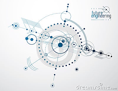 Mechanical scheme, vector engineering drawing with circles and geometric parts of mechanism. Technical plan can be used in web Vector Illustration