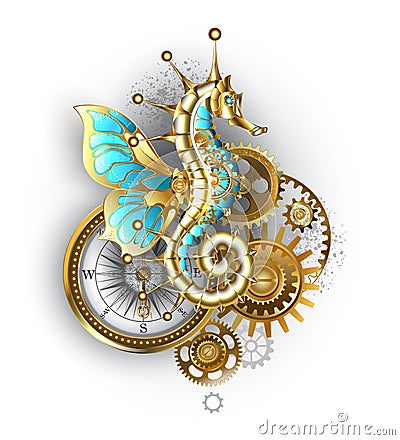 Mechanical seahorse on white background Steampunk Vector Illustration