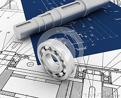 Mechanical sketch with 3d model and bearing Stock Photo