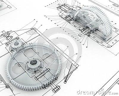 Mechanical sketch with gears Stock Photo