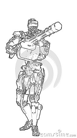 Mechanical soldier holding a huge machine gun Cartoon Illustration