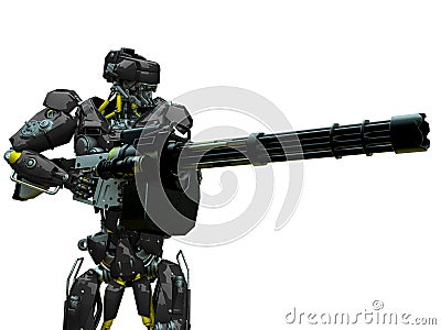 Mechanical soldier holding a machine gun Cartoon Illustration