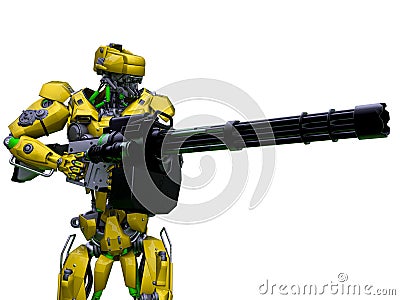 Mechanical soldier holding a machine gun Cartoon Illustration