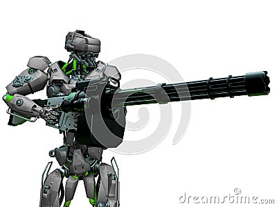 Mechanical soldier holding a machine gun Cartoon Illustration