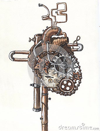 Mechanical steampunk metallic heart. Cartoon Illustration