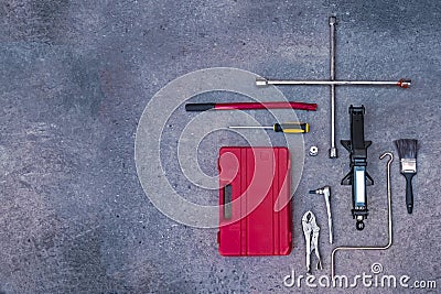 Mechanical tools with concrete background Stock Photo