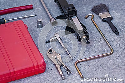 Mechanical Tools set with red case Stock Photo