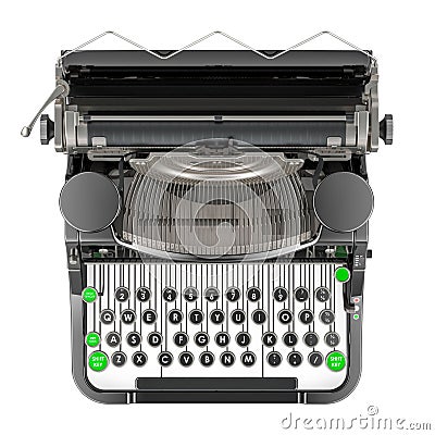 Mechanical Typewriter, top view. Old-Fashioned Traditional Portable Manual Typewriter, 3D rendering Stock Photo
