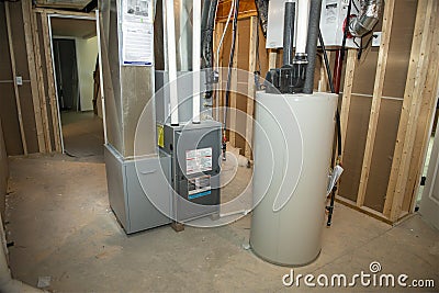 Mechanicals, Furnace, Water Heater, Air Conditioning Stock Photo