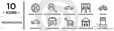 mechanicons linear icon set. includes thin line bicycle sprockets, convertible car, taxi side, searching for car, car inside a Vector Illustration