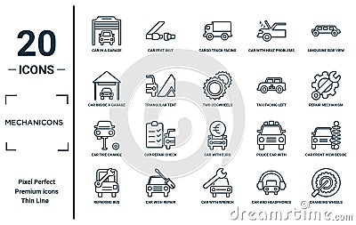 mechanicons linear icon set. includes thin line car in a garage, car inside a garage, car tire change, repairing bus, changing Vector Illustration