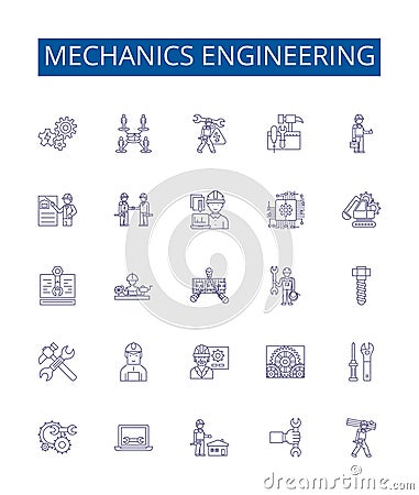 Mechanics engineering line icons signs set. Design collection of Mechanics, Engineering, Kinematics, Dynamics Vector Illustration