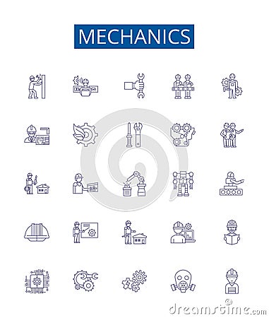 Mechanics line icons signs set. Design collection of Automotive, Physics, Engineering, Repair, Technician, Force Vector Illustration