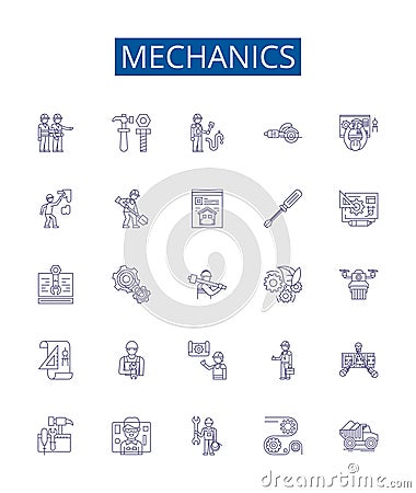 Mechanics line icons signs set. Design collection of Automotive, Physics, Engineering, Repair, Technician, Force Vector Illustration