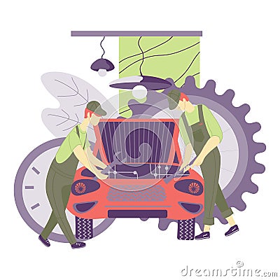 Mechanics repair car in vehicle workshop or garage. Automobile technical service. Vector Illustration