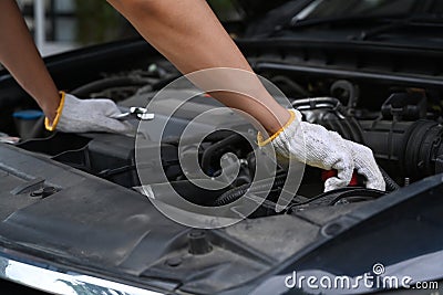 Mechanics working in auto service. Stock Photo