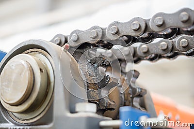The mechanism of the chain transmission. Bearing, drive shaft, g Stock Photo