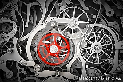 Mechanism, clockwork with one different, red cogwheel. Stock Photo