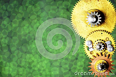 Mechanism details vintage round toothed gears, on the background for the design. Gears transmit rotational motion between shafts, Stock Photo