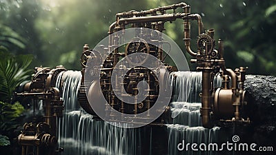 the mechanism of the engine Steam punk waterfall of power, with a landscape of metal pipes and gears, with a peaceful waterfall Stock Photo