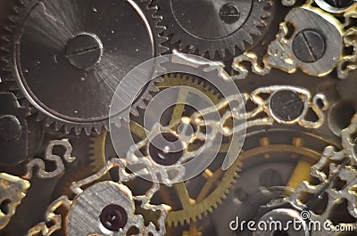 Skeleton hours. Antique antique clockwork, jewelry engraving. mechanical pocket watch close-up, selective focus. Stock Photo