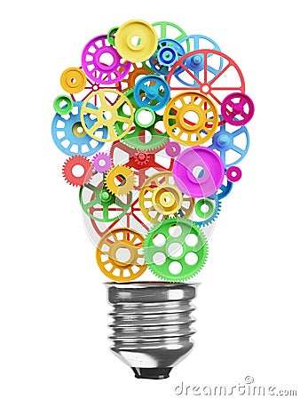 Mechanism of the gears in the form of an electric lamp bulb. Ide Stock Photo