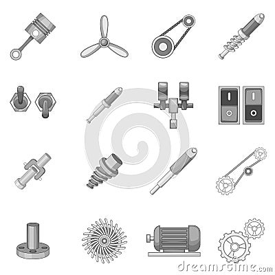 Mechanism parts icons set monochrome Vector Illustration