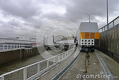 Mechanisms of a complex of protective structures during a flood. Flood protection. Kronstadt, Russia. Stock Photo