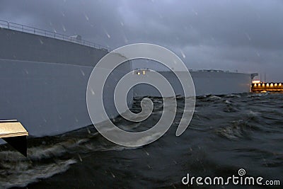 Mechanisms of a complex of protective structures during a flood. Flood protection. Kronstadt, Russia. Stock Photo