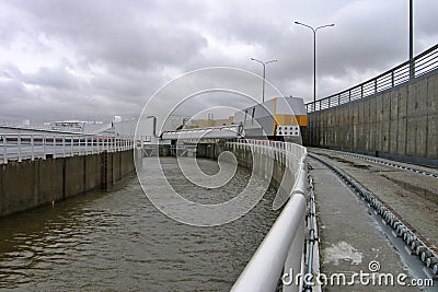 Mechanisms of a complex of protective structures during a flood. Flood protection. Kronstadt, Russia. Stock Photo