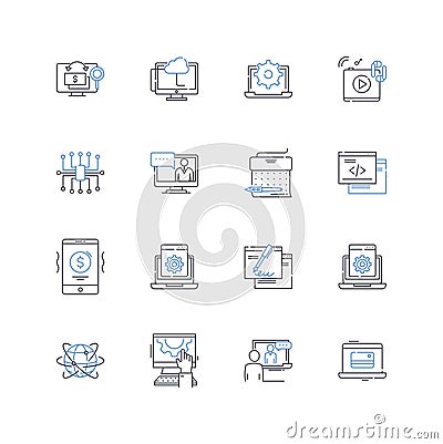 Mechanisms line icons collection. Gears, Motors, Cams, Springs, Levers, Pulleys, Belts vector and linear illustration Vector Illustration