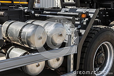 mechanisms and parts of independent hydropneumatic suspension of cars Stock Photo